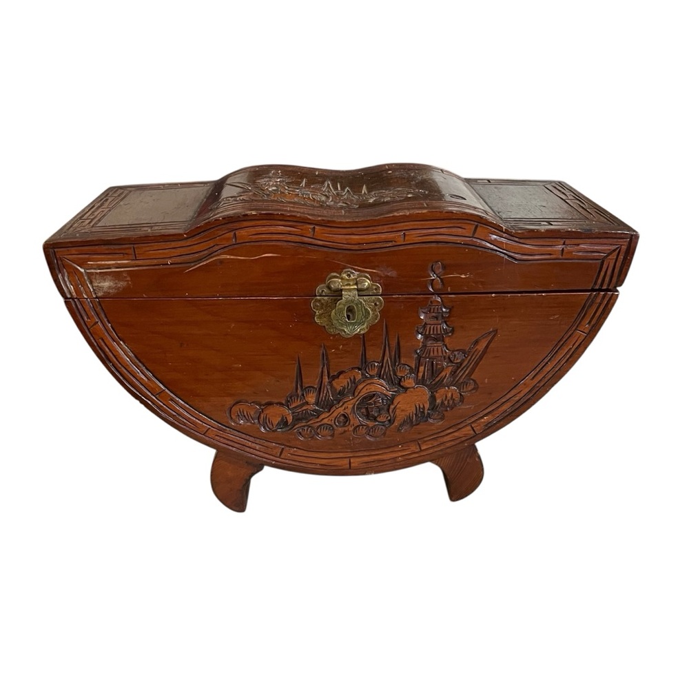 🧧 Vintage Chinese Carved Wood Jewelry Box | Pagoda Scene | Red Velvet Lining